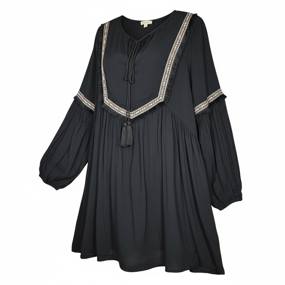 Cotton Bleu Embroidered Dress Womens Small Black Tassel Tie Balloon Sleeve Boho